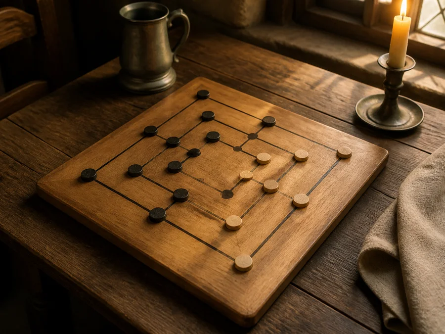 Black and white stones positioned among the intersections and connecting lines of a 24-point board